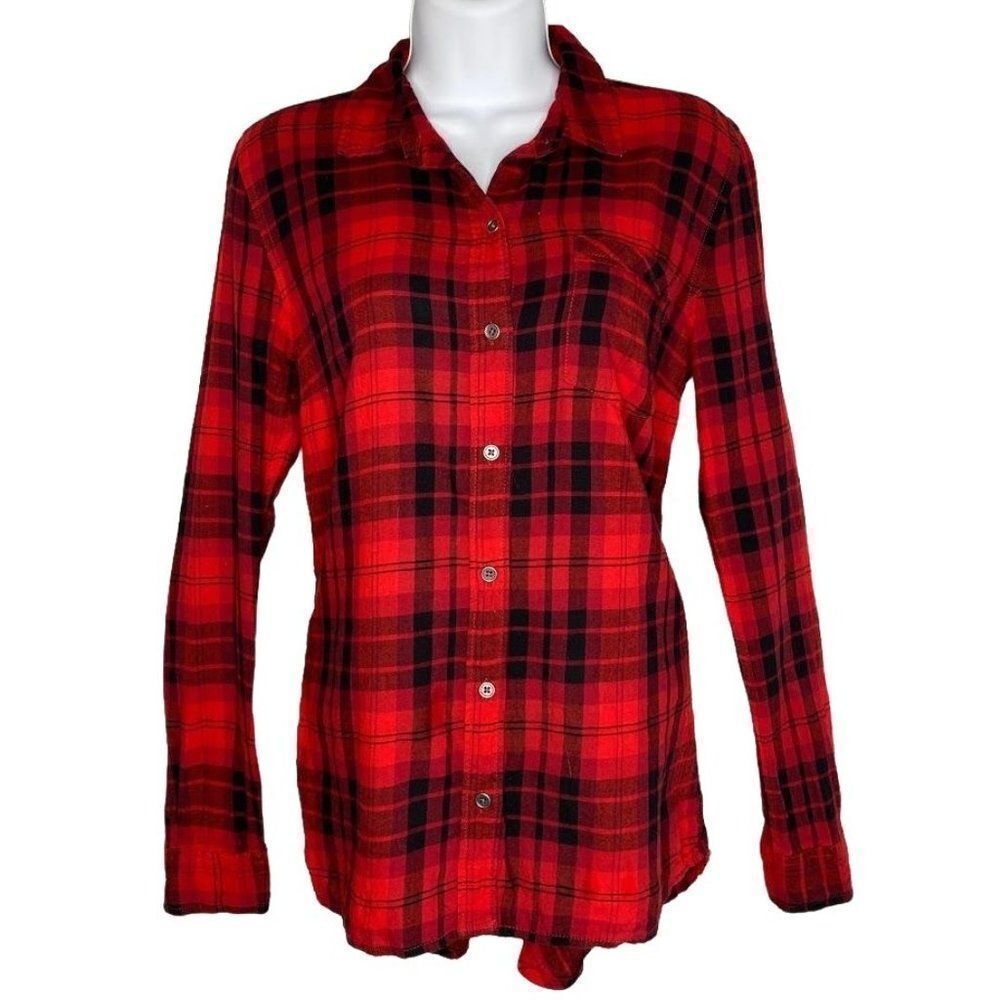 Bass Womens Red Black Plaid Button Down Long Sleeve Cotton Top sz Small